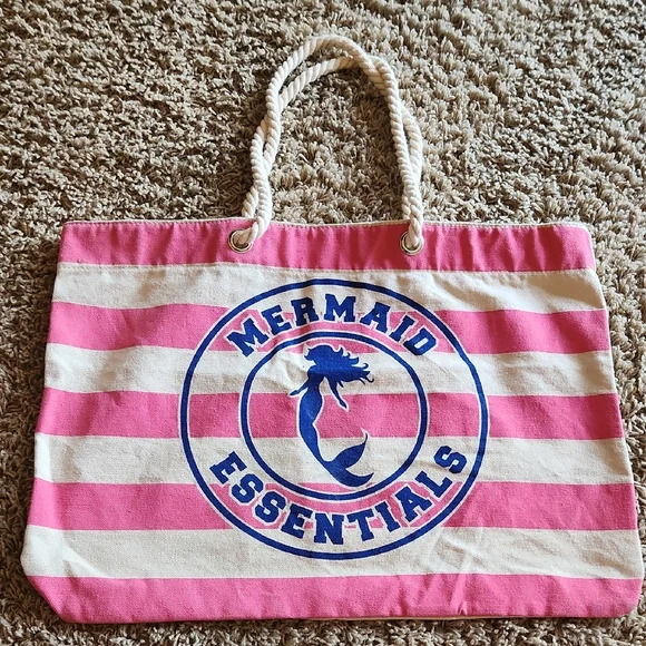 Beach Bag Pink and Cream Striped Tote Canvas Bag - Picture 1 of 8